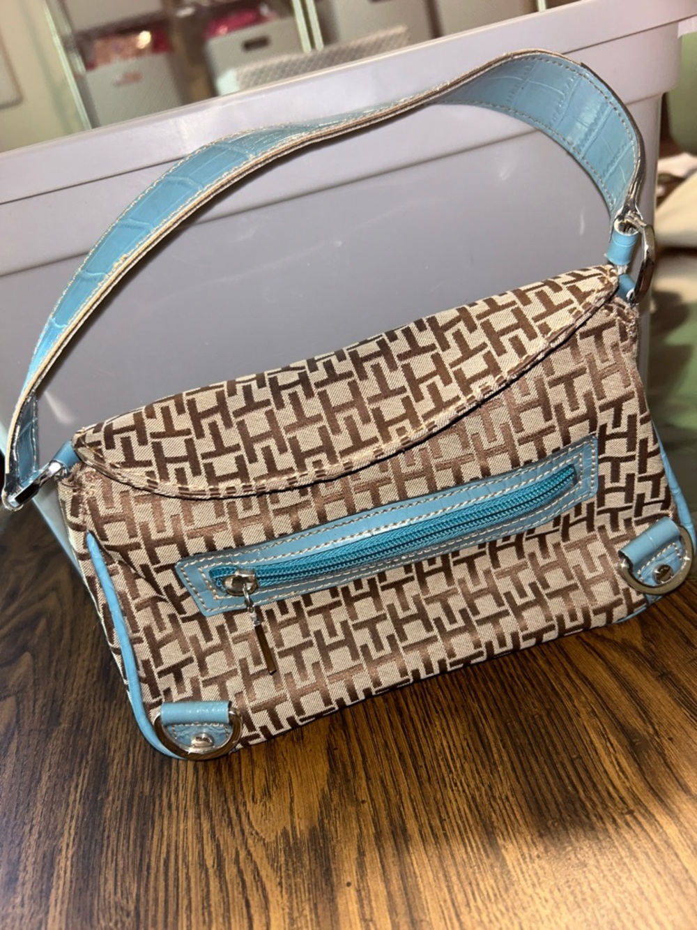 Vintage Y2K Tommy Hilfiger Beige Monogram Shoulder Bag with Light Blue Trim